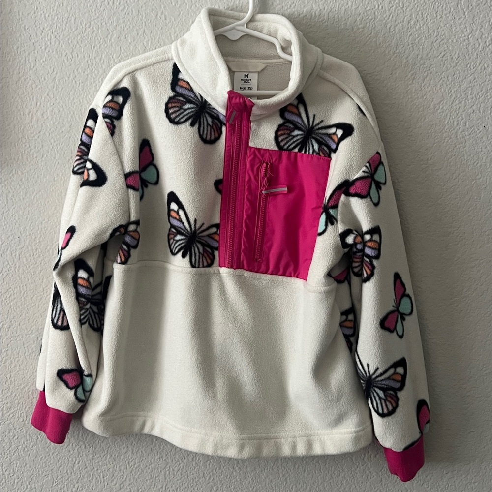 Kids Butterfly Fleece half Zip  - Pink & White